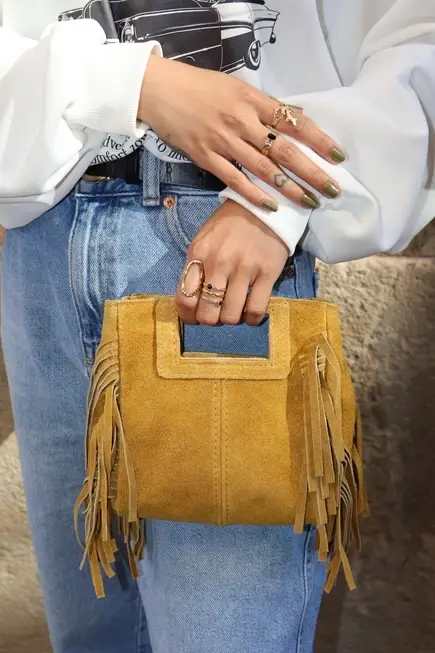 Cassette Barcelona - Wholesale Crossbody Bag - Women's - Mina Suede Leather Tassel Crossbody Bag Khaki Green9