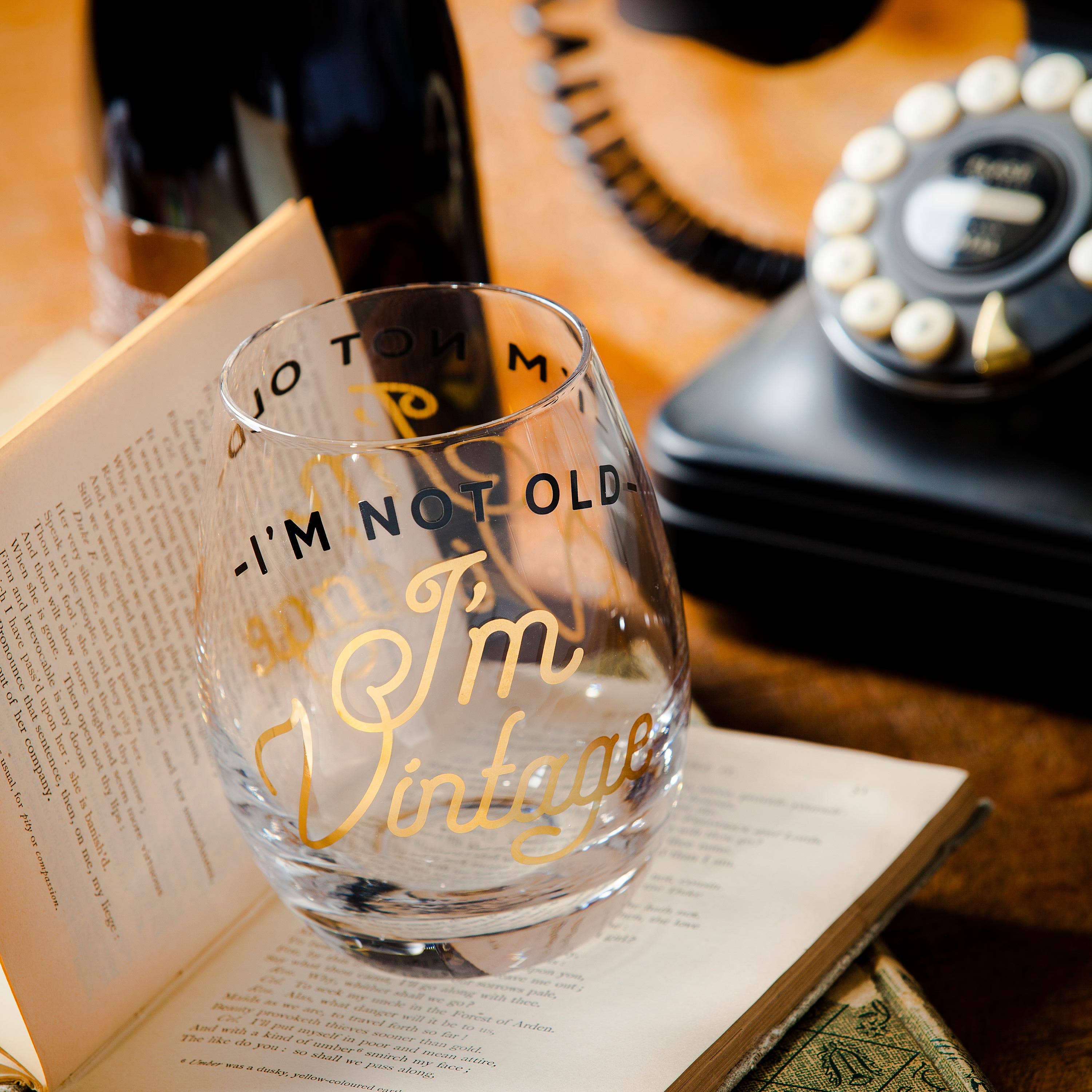 Evergreen Enterprises - Wholesale Wine Glass - Stemless Wine Glass w/box, 17 OZ., I'm not old I'm Vintage