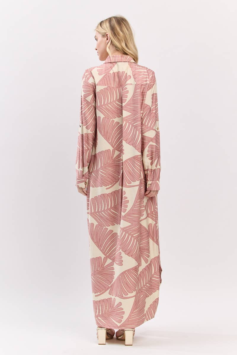 B I G H I T Fashion - Wholesale Dress - Women's - Palm Print Button-Down Maxi Dress HD3104-BLUSH9