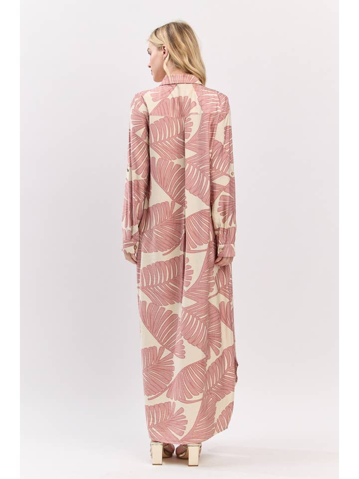 B I G H I T Fashion - Wholesale Dress - Women's - Palm Print Button-Down Maxi Dress HD3104-BLUSH9