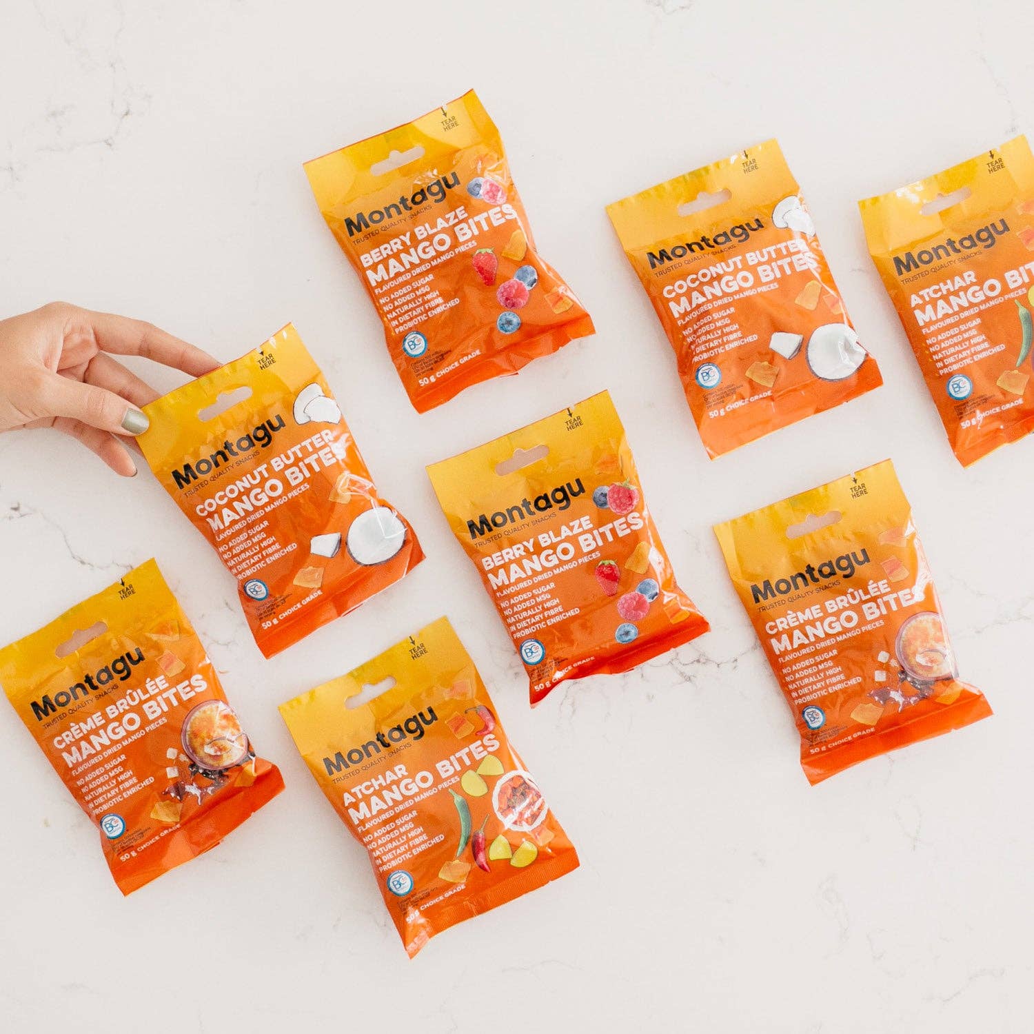 Mahdina - Venta al por mayor Fruta deshidratada - Montagu: Mango Bites sabor Crème Brûlée, (10 x 50 g)6