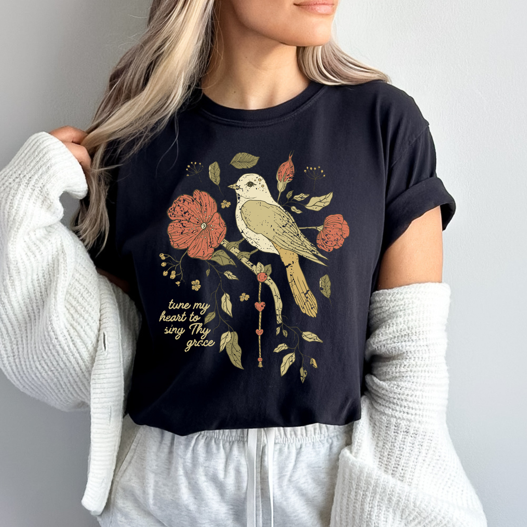 Scripted Pearl - Wholesale T-Shirt (Graphic) - Women's - Tune My Heart with Bird Comfort Colors Christian Graphic Tee3