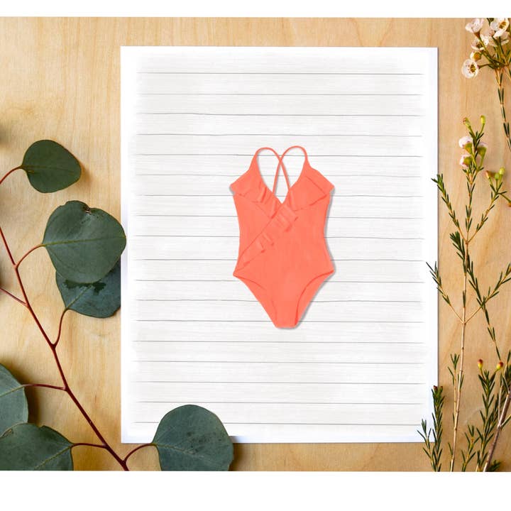 Illustrierter Badeanzug, Korallenroter einteiliger Badeanzugdruck für den Großhandel von Art and Soul