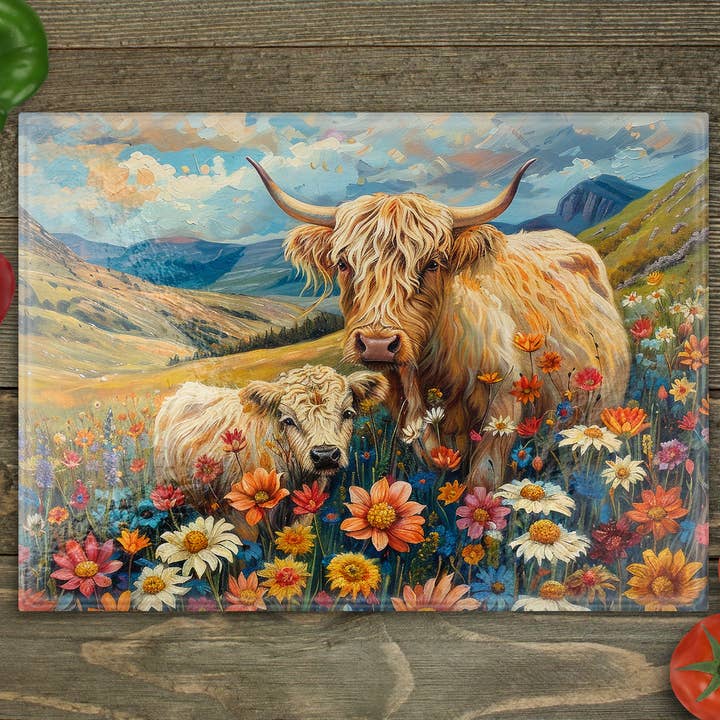 Tagliere in vetro con mucche delle Highland mamma e vitello per la vendita all'ingrosso da parte di Beautiful Creations by Laney