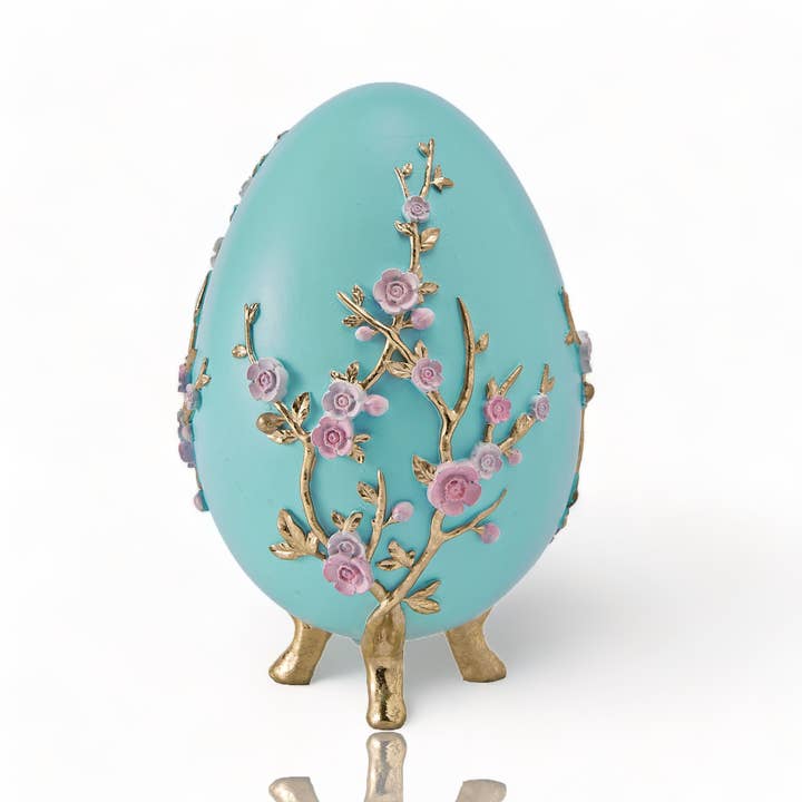 December Diamonds - Wholesale Decorative Tabletop Object - 7in Teal Egg w/Pink Flowers