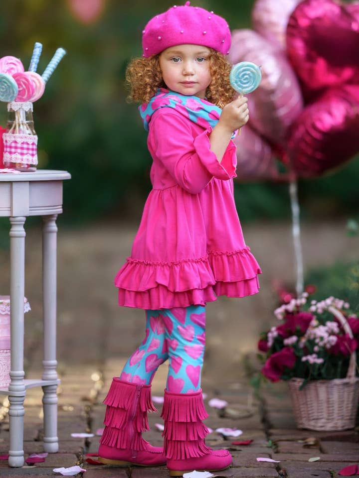 Mia Belle Girls • Wholesale - Wholesale Top & Leggings Set - Kids - Precious Hearts Tunic, Scarf & Legging Set