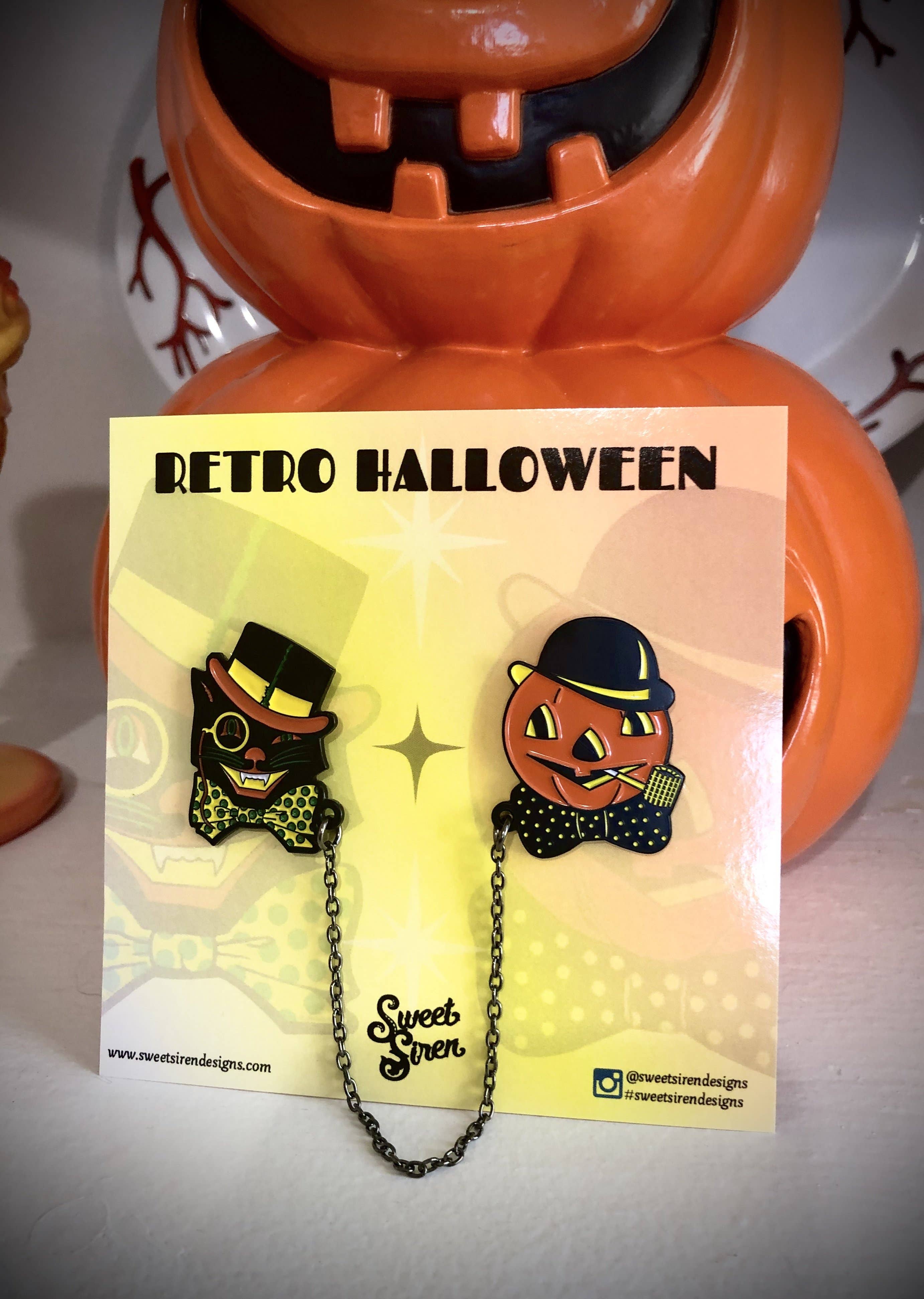 Sweet Siren Designs - Wholesale Lapel Pin/Button - Retro Cat and Pumpkin Collar-Sweater Pin Set5