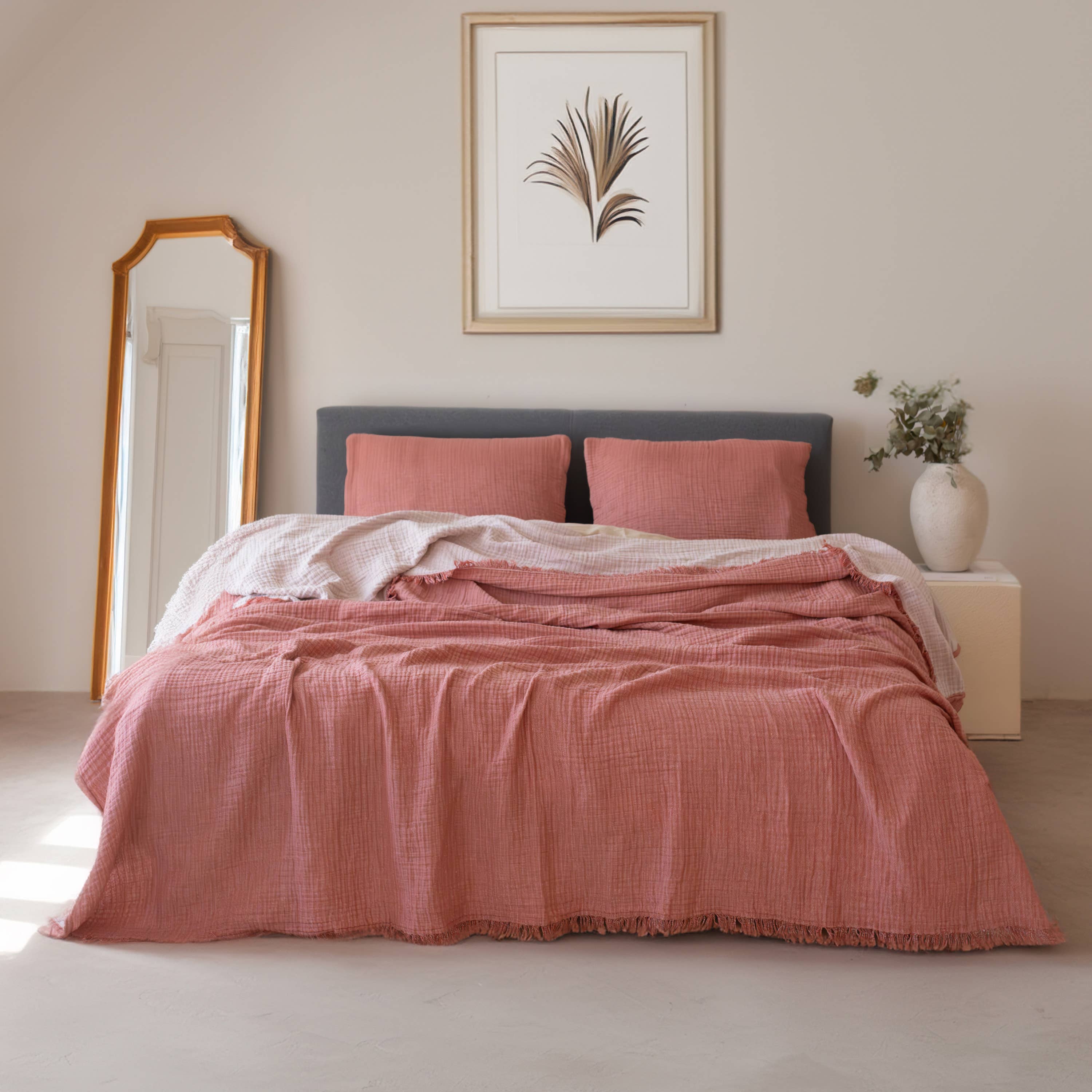 Vivamaison - Vente Plaids - Couvre-lit en mousseline frangé 100 % coton doux, 4 couches premium121