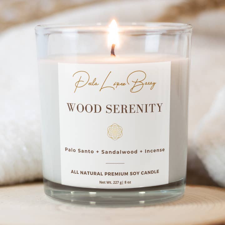 Wood Serenity - Vetro trasparente da 10 oz - Candela di soia completamente naturale per la vendita all'ingrosso da parte di Perla López Baray