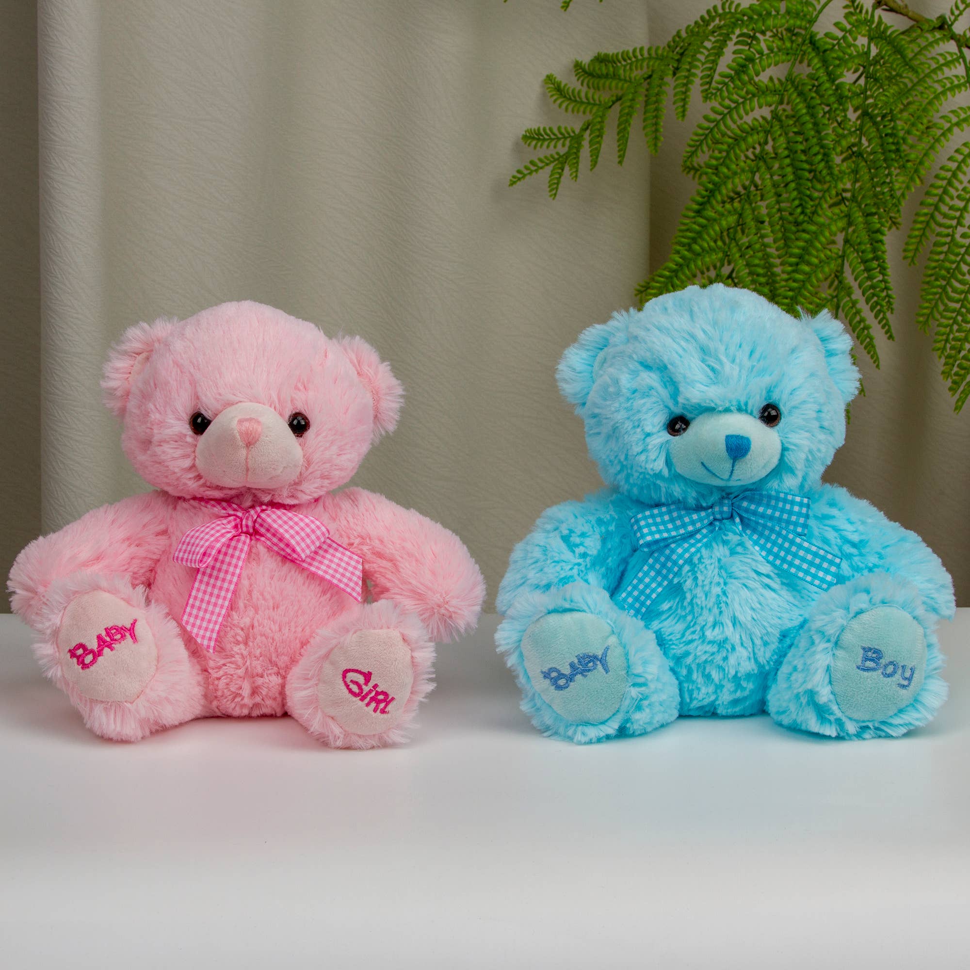 Plushland - Vente Peluche – enfant et bébé - Ours en peluche bébé garçon & bébé fille de 9″ | Ours avec ruban rose & bleu12