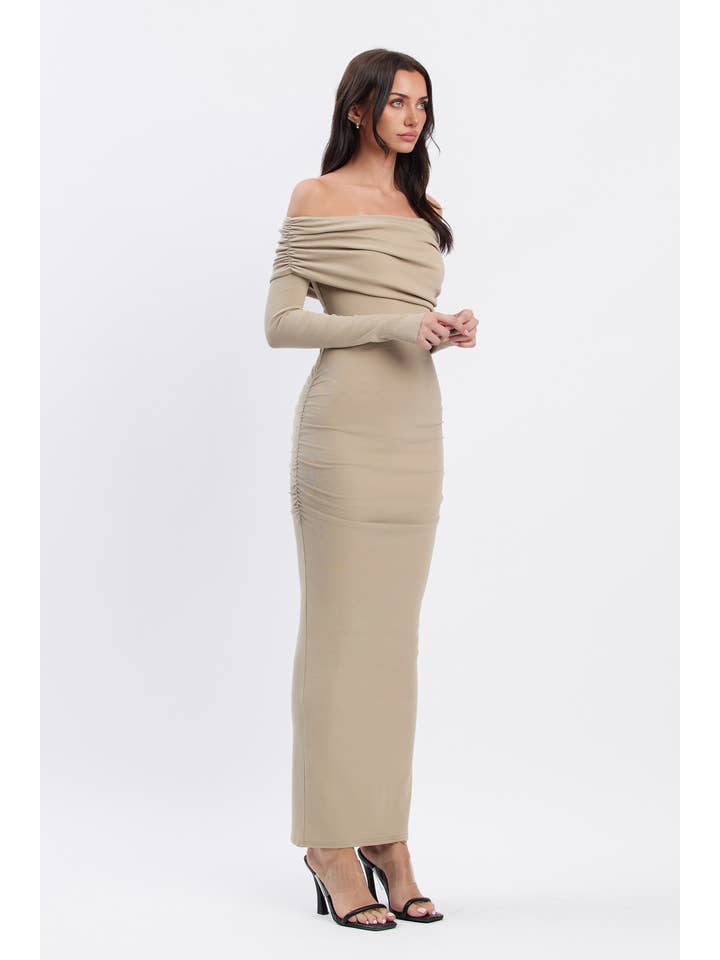 No Vacancy - Wholesale Dress - Women's - Ruched long sleeve bardot neckline maxi dress