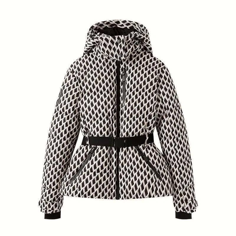 Rosa Clothing - Wholesale Coat - Women's - Printed hooded ski padded quilted jacket with belt0