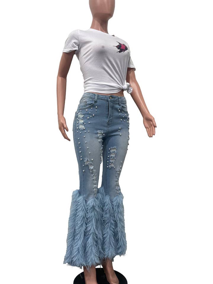 Aria Romance - Vente Jean – femme - Jean évasé à franges perlées4