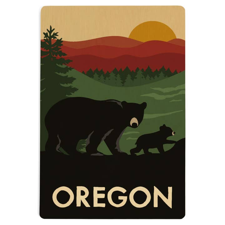 POSTAL DE MADERA DE OREGÓN, OSO Y CACHORRO, VECTORIAL para venta al por mayor de Lantern Press