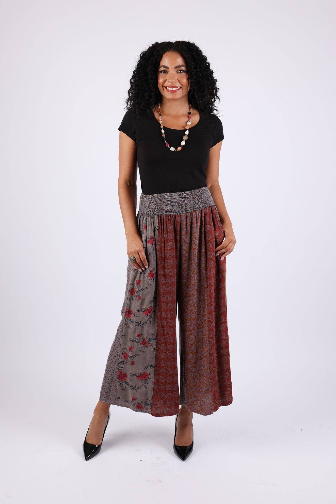Sacred Threads - Wholesale Pants - Women's - Vintage Berry Fall Tone Patchwork Palazzo Pants3