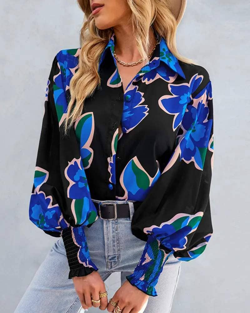 BLEU haut boutonné à manches lanterne à imprimé floral en vente sur Faire0