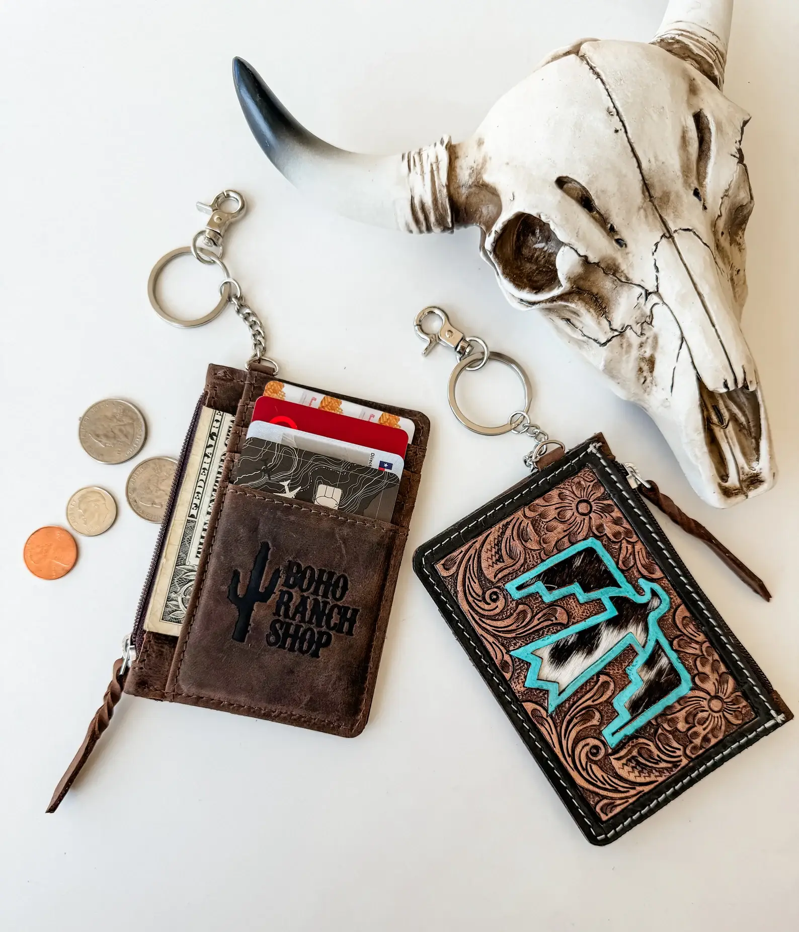 Boho Ranch Shop - Wholesale Wallet - Women's - Western Cowhide Leather Keychain Wallet Longhorn Thunderbird2