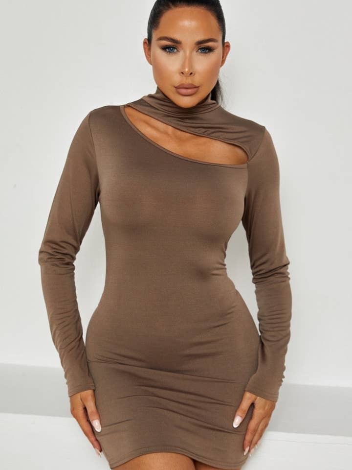 Femme Luxe - Vendita all'ingrosso Vestito - Donna - Mini abito aderente a maniche lunghe con scollo alto color moka - Rev