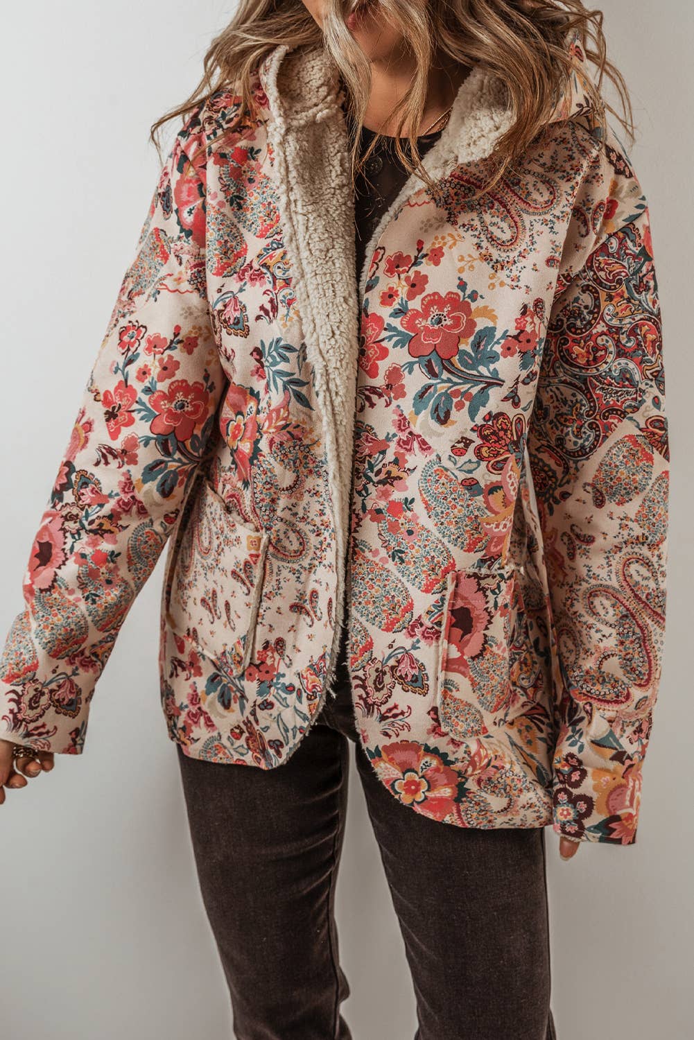 Beige LDC Vintage Paisley Floral Sherpa Lined Hooded Jacket for wholesale on Faire2