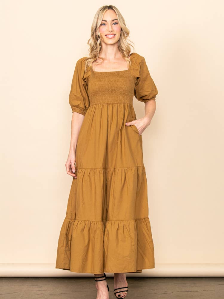 Camel SALE! On Off Shoulder Smocked Chest Tiered Skirt Maxi Dress for wholesale on Faire0
