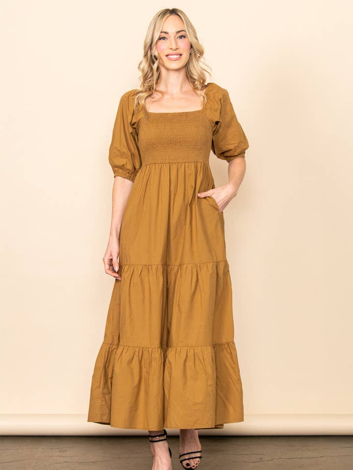 Camel SALE! On Off Shoulder Smocked Chest Tiered Skirt Maxi Dress for wholesale on Faire