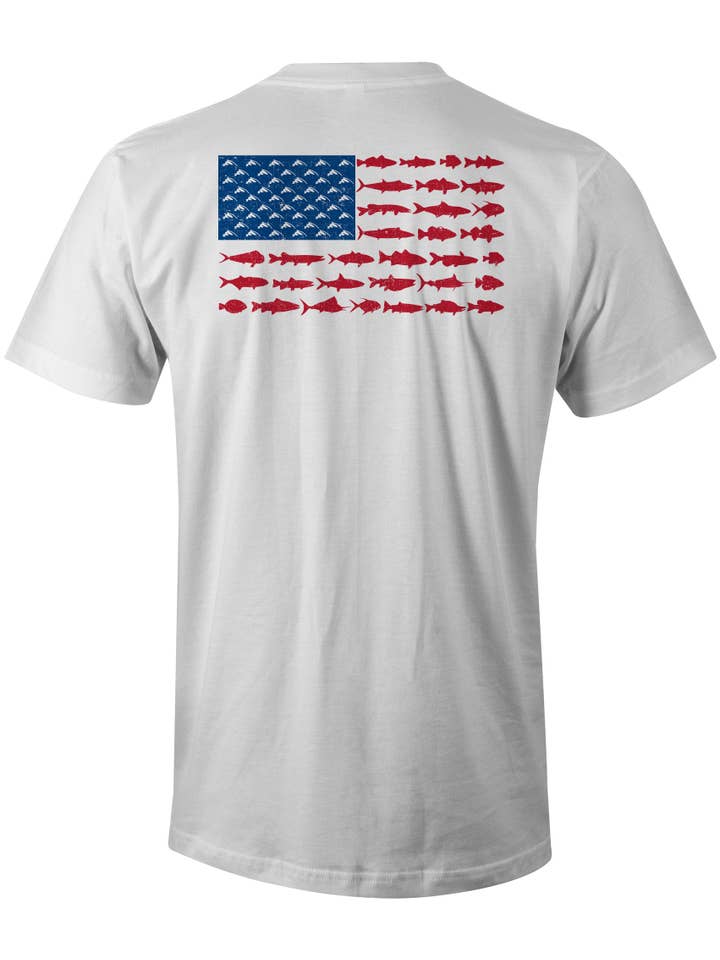 White Distressed American Fish Flag T-Shirt (White) for wholesale on Faire