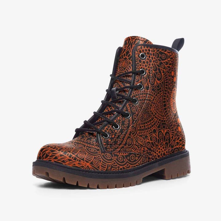 Raiana's Vibes - Wholesale Combat/Military Boots - Men's - Psychedelic Vegan Leather Boots, Red Tribal Combat Boots