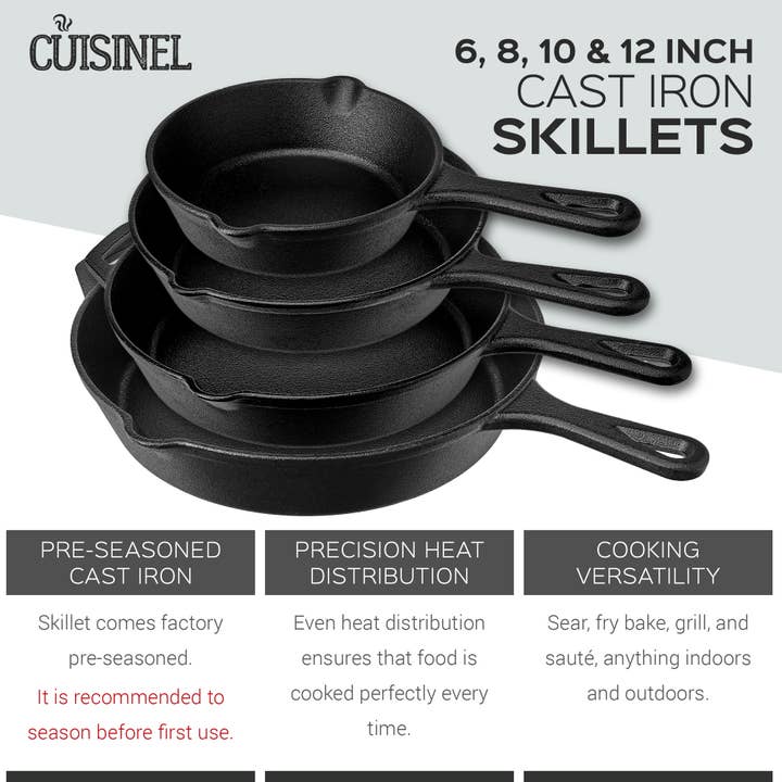 cuisinel - Wholesale Cast Iron Skillet - Pre-Seasoned Cast Iron Skillet 4-Piece Complete Chef Set