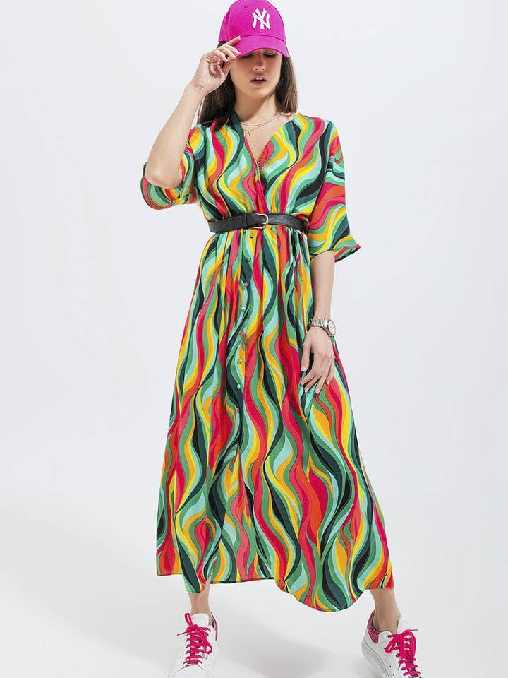 Shirt dress in green abstract swirl print for wholesale by Q2—All Orders:Free Duties for the US,UK,and Canada