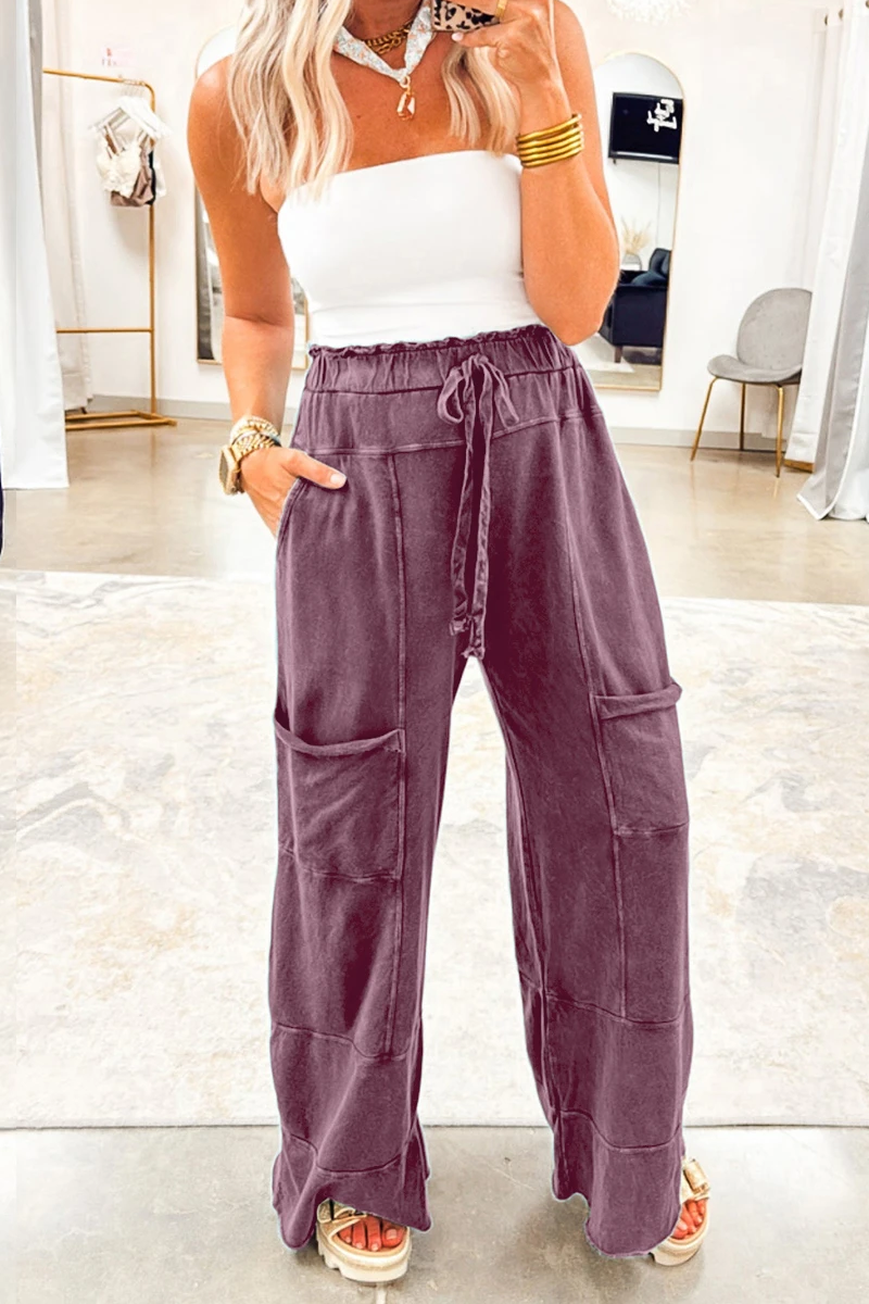 FULL TIME PURCHASE - Wholesale Pants - Women's - Mineral Wash Lace-up High Waist Raw Hem Patched Pocket Pants5