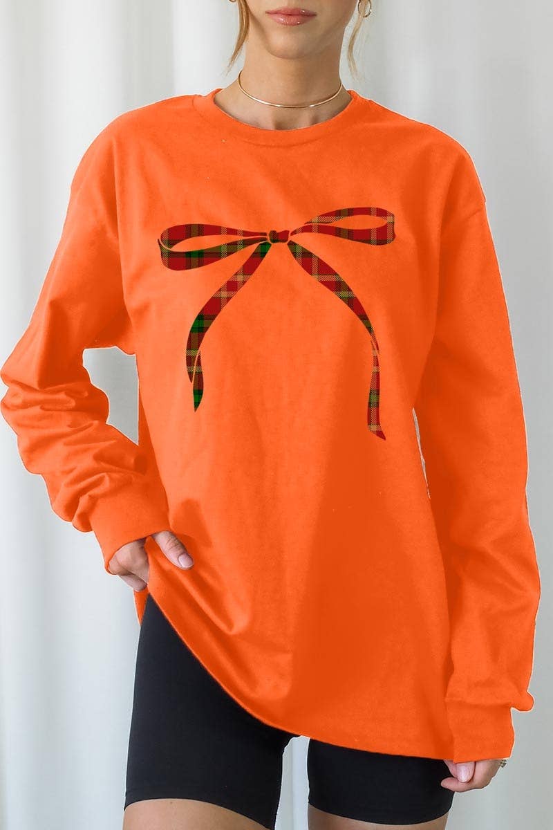 COLORBEAR - Vendita all'ingrosso Maglietta stampata - Donna - Maglietta grafica natalizia a maniche lunghe con fiocco rosso3