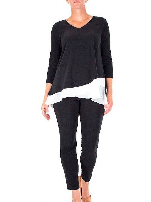 Nina Leonard V-neck 3/4 sleeve color block chiffon Tunic & slim cut pant set for wholesale by Immediate Apparel