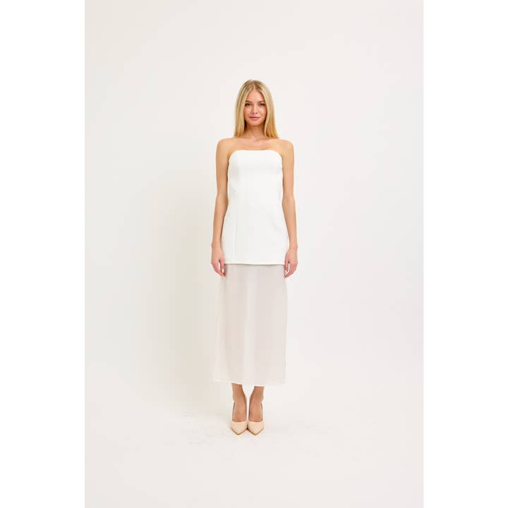 OFF WHITE CONTRAST SKIRT DETAIL STRAPLESS NECKLINE COLUMN MAXI DRESS for wholesale on Faire