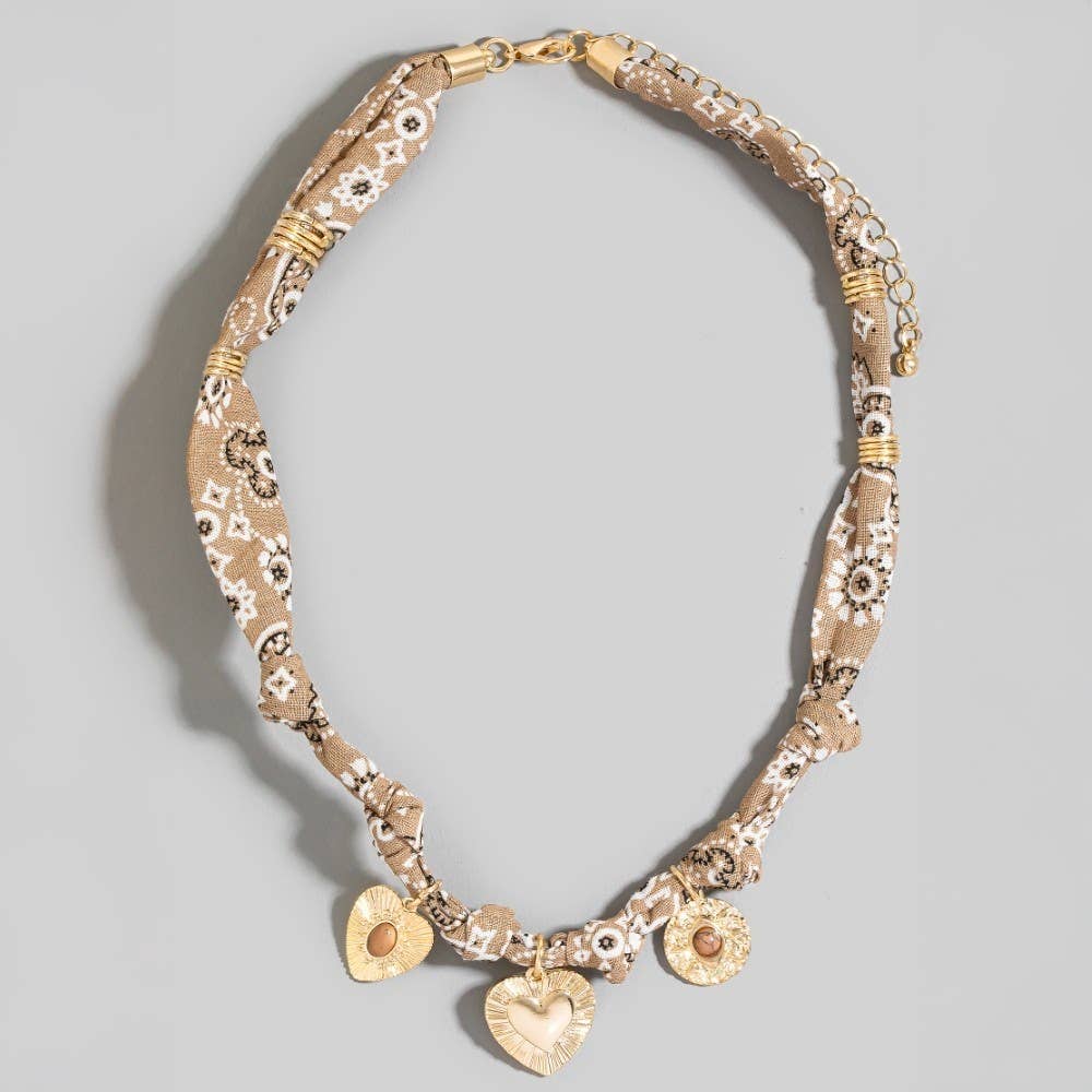 The Looks by Fame Accessories - Wholesale Pendant/Charm Necklace - Stone Set Heart And Coin Charms Paisley Bandana Knotted Necklace0