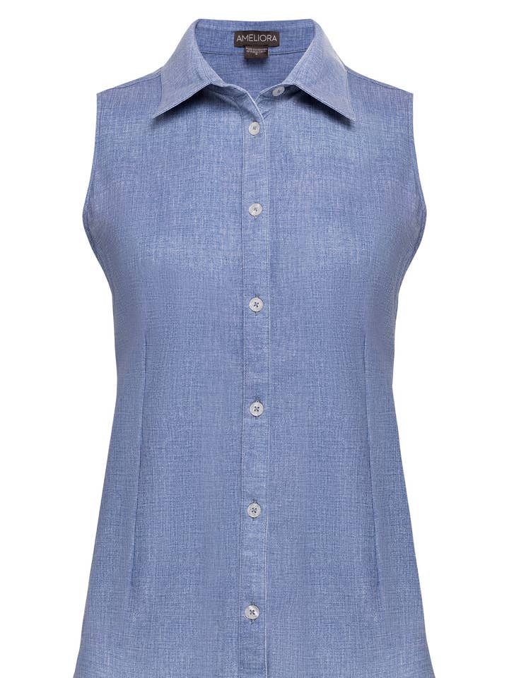 Indigo Mouwloos Overhemd met Knopen Italiaanse Wasbare Stof voor wholesale door Ameliora