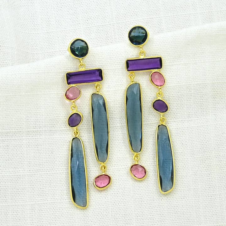 Schmuckoo Berlin - Wholesale Dangle Earrings - Chiyo Geometric Earring - Blue Iolite, Amethyst & Tourmaline