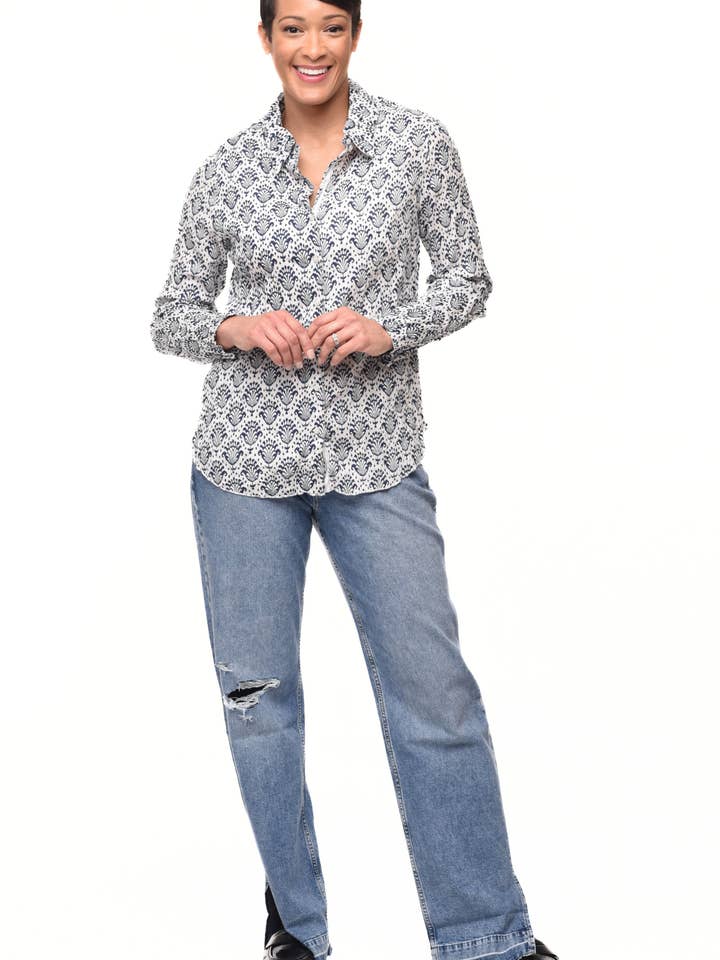 CV1087 Gretchen Button Down in Palms** for wholesale by Tulip Clothing