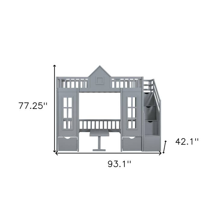 HomeRoots - Wholesale Bed - Gray Twin Over Twin Solid Wood Bunk Bed With Stairs And Desk And Drawers And Storage2