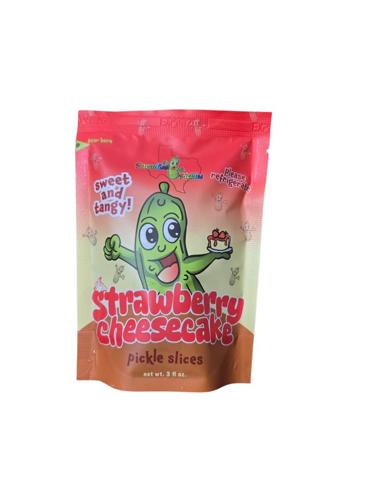 25 Strawberry Cheesecake Pickle Snacks! for wholesale by Paradise Pickles LLC