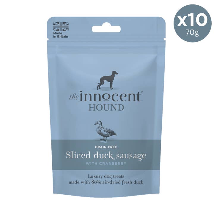 Sliced Duck Sausages with Cranberry 70g for wholesale by The Innocent Hound