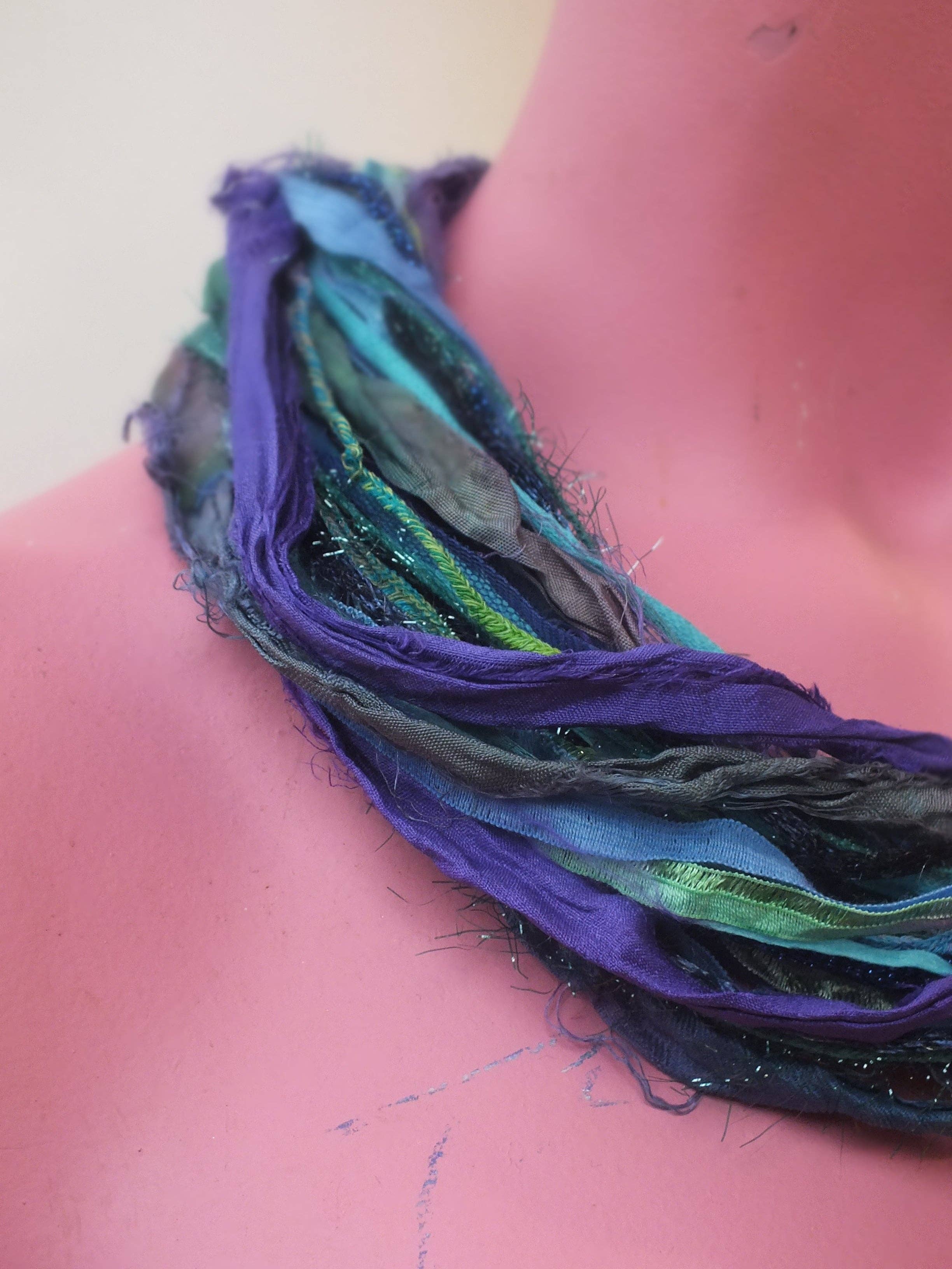 Megan Crook Textiles – wholesale Scarf – Women's – Silk Yarn Necklace in Turquoise & Purple1