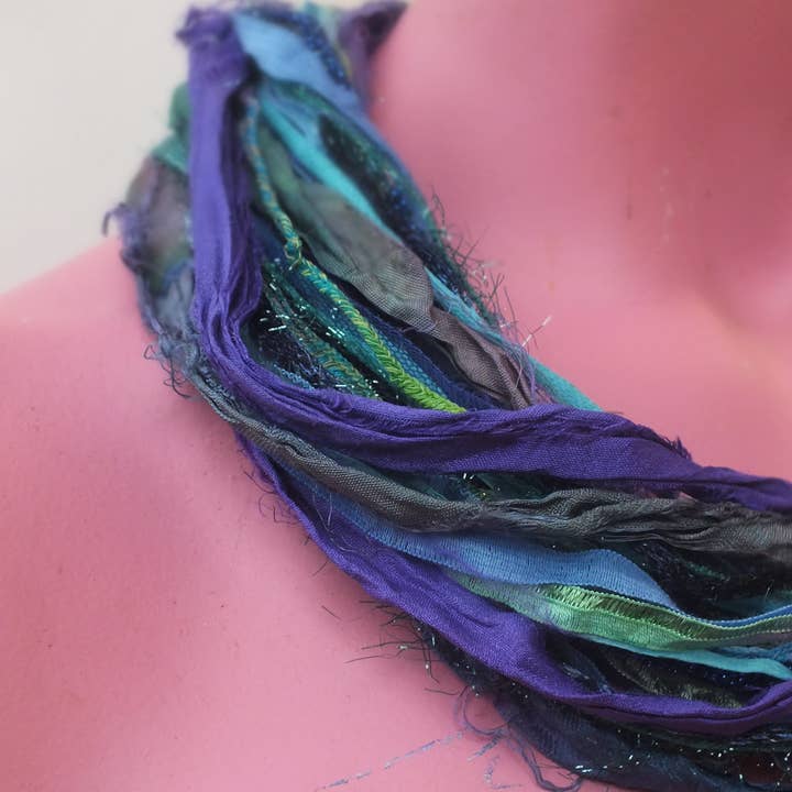 Megan Crook Textiles – wholesale Scarf – Women's – Silk Yarn Necklace in Turquoise & Purple1