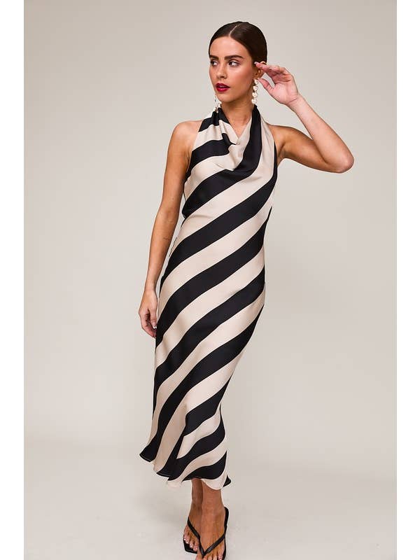 Taupe black Stripe HALTER COWL NECK MIDI DRESS for wholesale on Faire