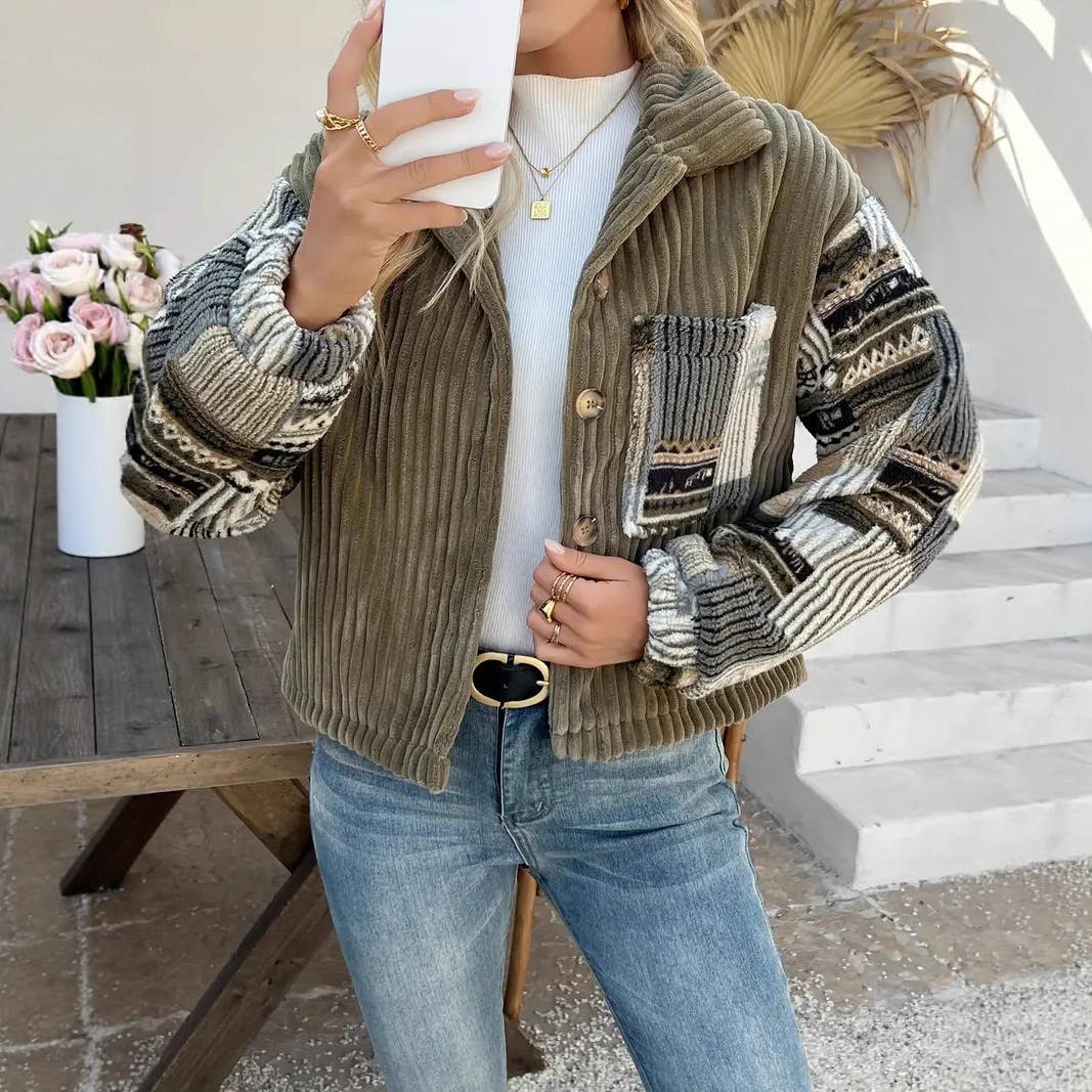 Olive Western Aztec patchwork fleece button-up jacket for wholesale on Faire8