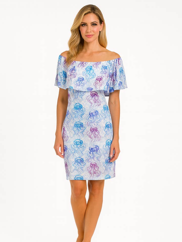 Zoey Kleid Hergestellt in den USA Schulterfrei Weiß Blau Pink Resort für den Großhandel von Patti Biggs