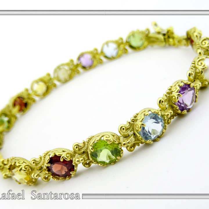 Bracelet tennis byzantin avec pierres précieuses naturelles en argent sterling plaqué or 18 carats pour la vente par RAFAEL SANTAROSA