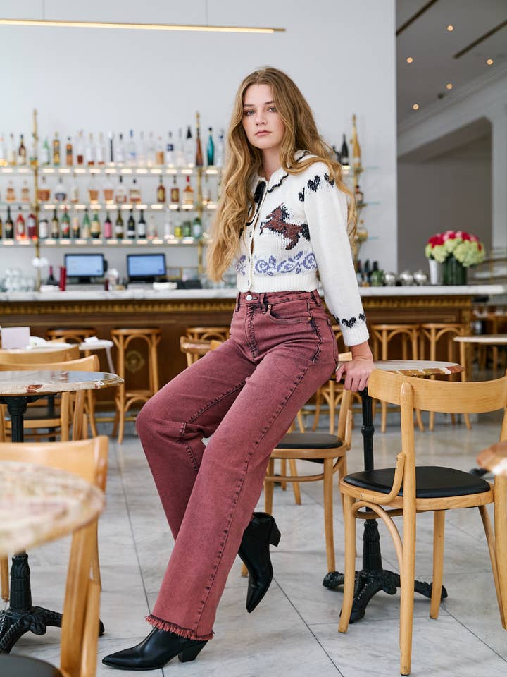 TUMMY CONTROL BURGUNDY HIGH RISE FLARE JEANS for wholesale by ARTEMIS VINTAGE