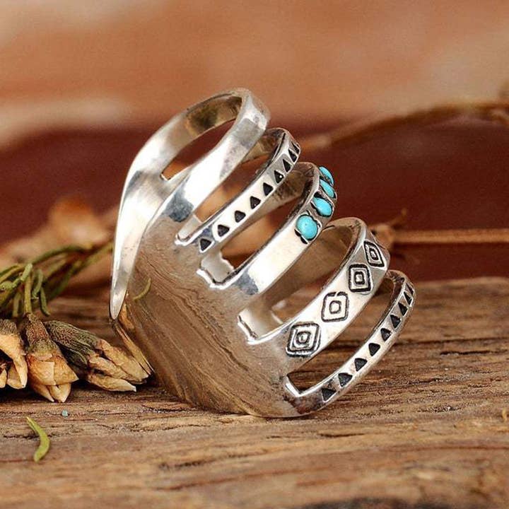 Silver Bohemian Carved Hollow-out Turquoise Ring for wholesale on Faire2