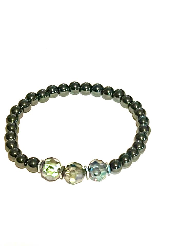 Hematite & Crystal Sleek Stacker Bracelets - Blue Crystals for wholesale by Beaded Vision Jewelry