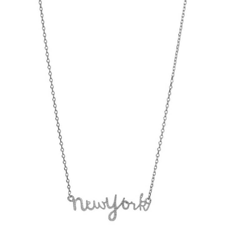RHODIUM NEY YORK SCRIPT NECKLACE for wholesale on Faire